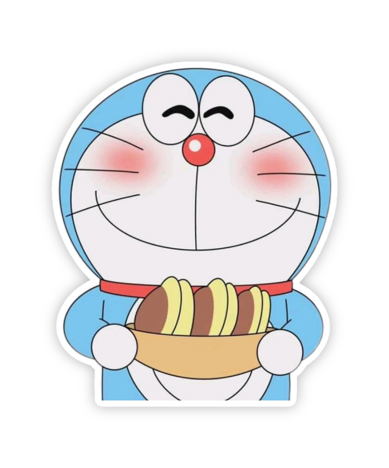 Sticker doraemon má hồng ôm đĩa bánh rán