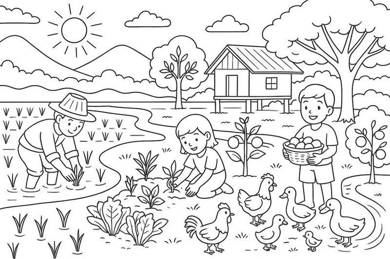 Thiết kế tranh tô màu bác nông dân dễ thương