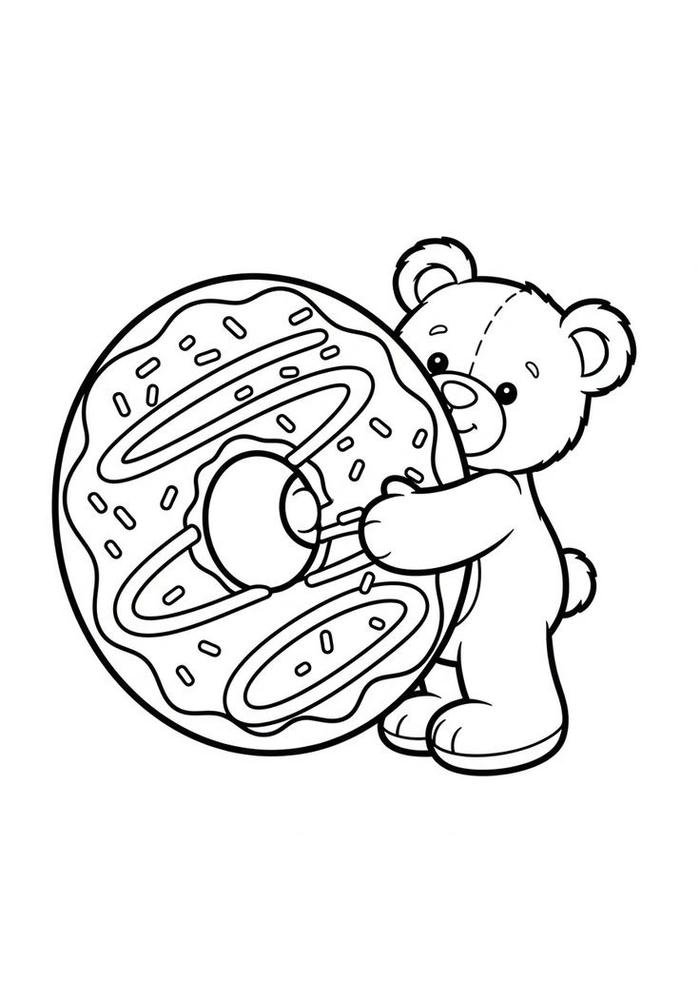 Tranh tô màu bánh donut và chú gấu đáng yêu