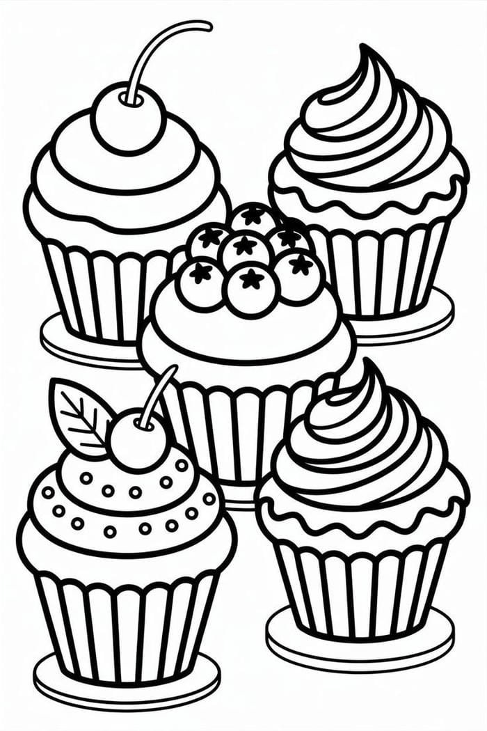 ảnh tô màu 5 chiếc cupcake dễ thương