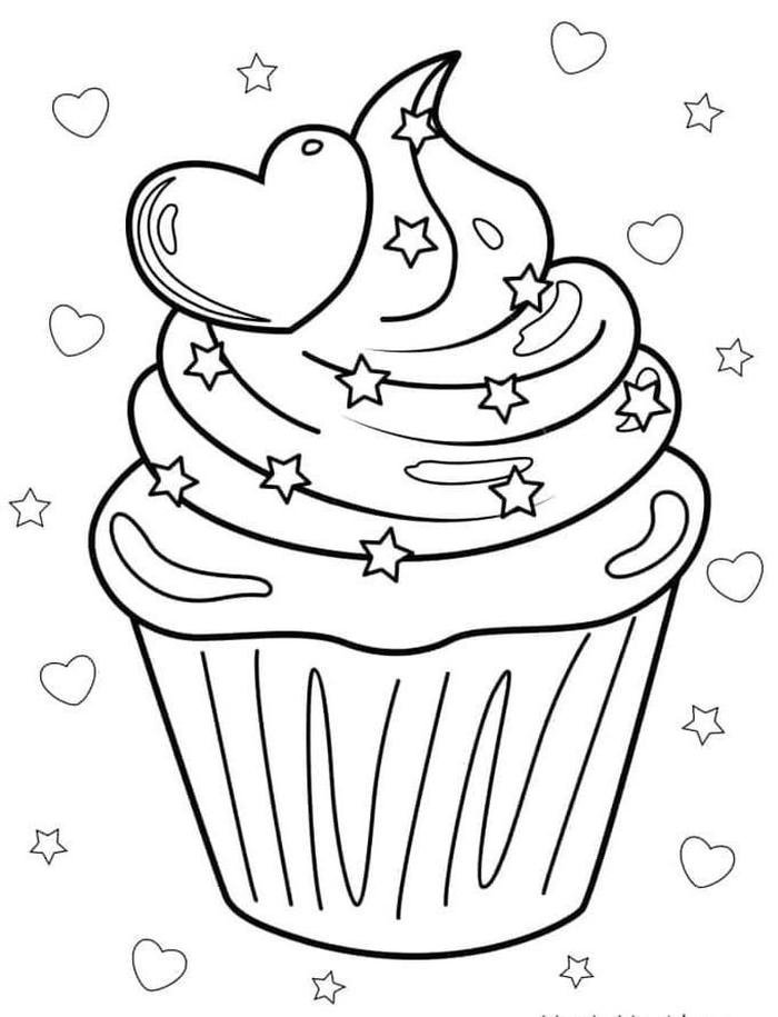bức tranh tô màu cupcake trái tim và ngôi sao