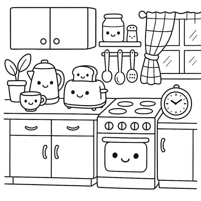 hình tranh tô màu dụng cụ nhà bếp cười xinh