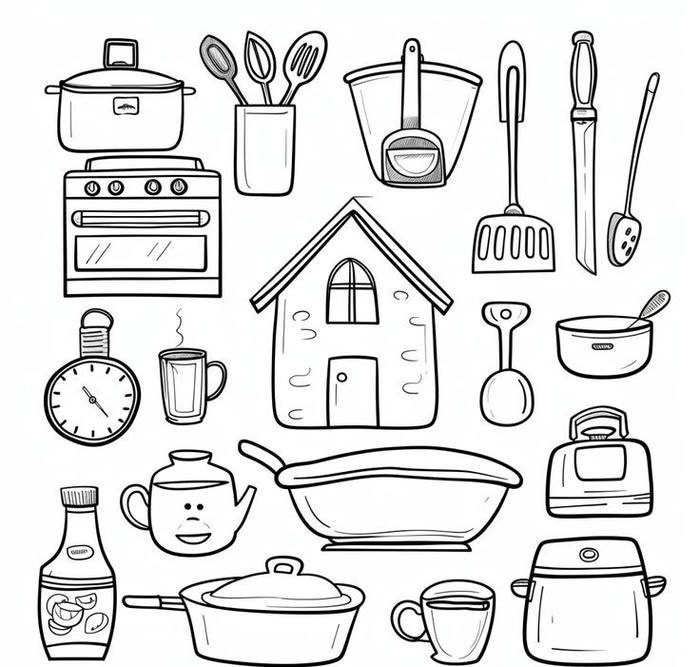 hình tranh tô màu dụng cụ nhà bếp hộp vui nhộn