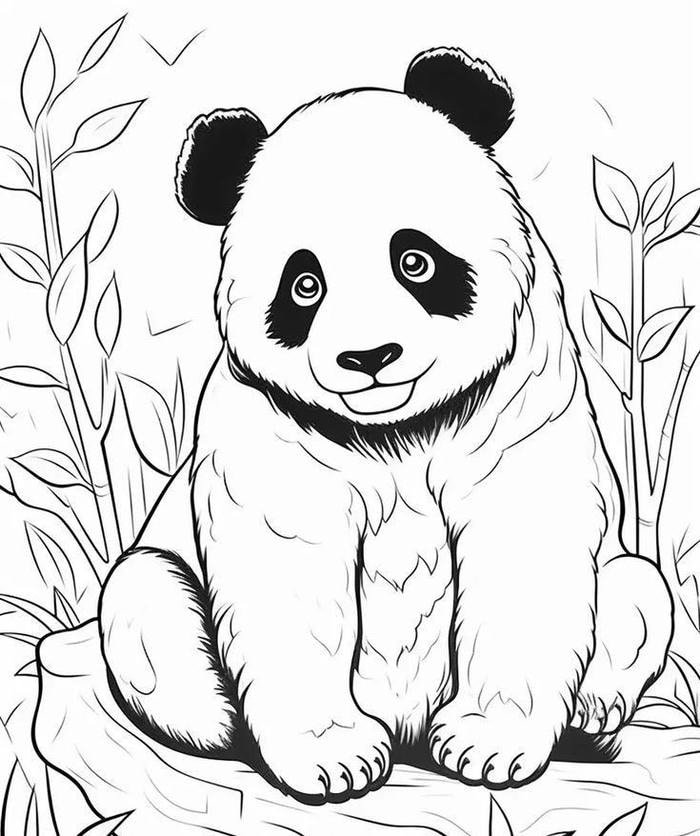 tranh tô màu con gấu trúc ngồi trên bãi cỏ