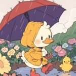 tranh vẽ con vịt cầm ô đứng dưới trời mưa