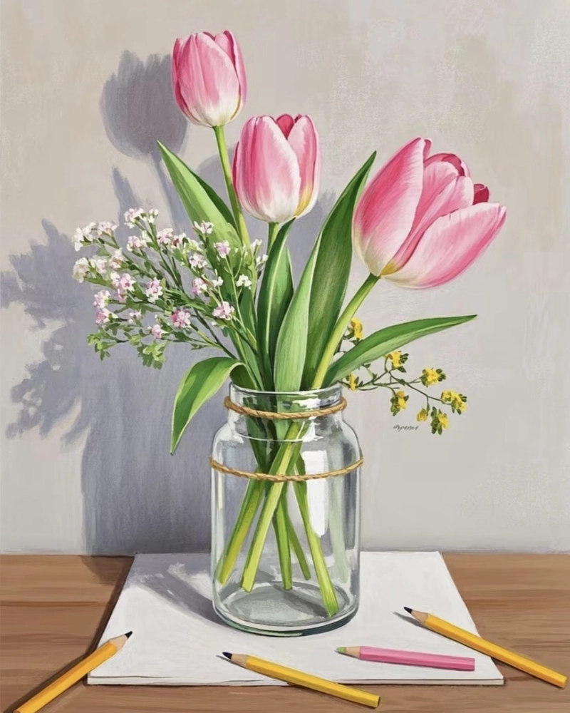 Ảnh tranh tĩnh vật hoa tulip với sắc hoa thanh thoát