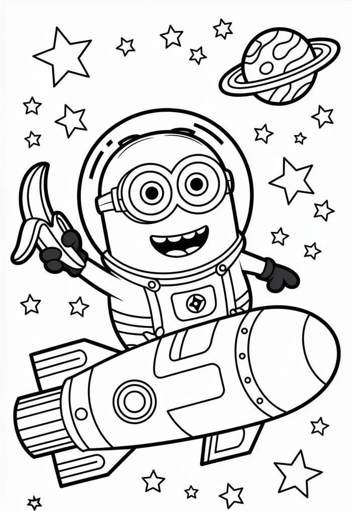 Ảnh tranh tô màu minion bay vào vũ trụ.