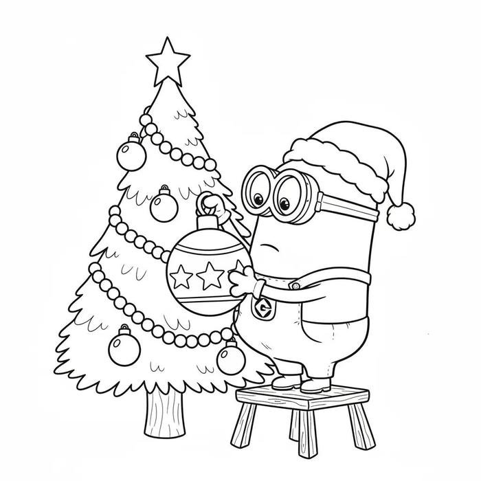 Ảnh tranh tô màu minion và cây thông.