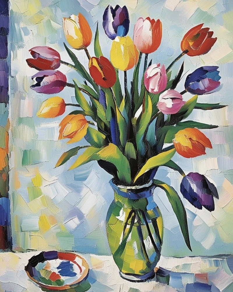 Ảnh vẽ tranh tĩnh vật hoa tulip mang cảm giác thư thái