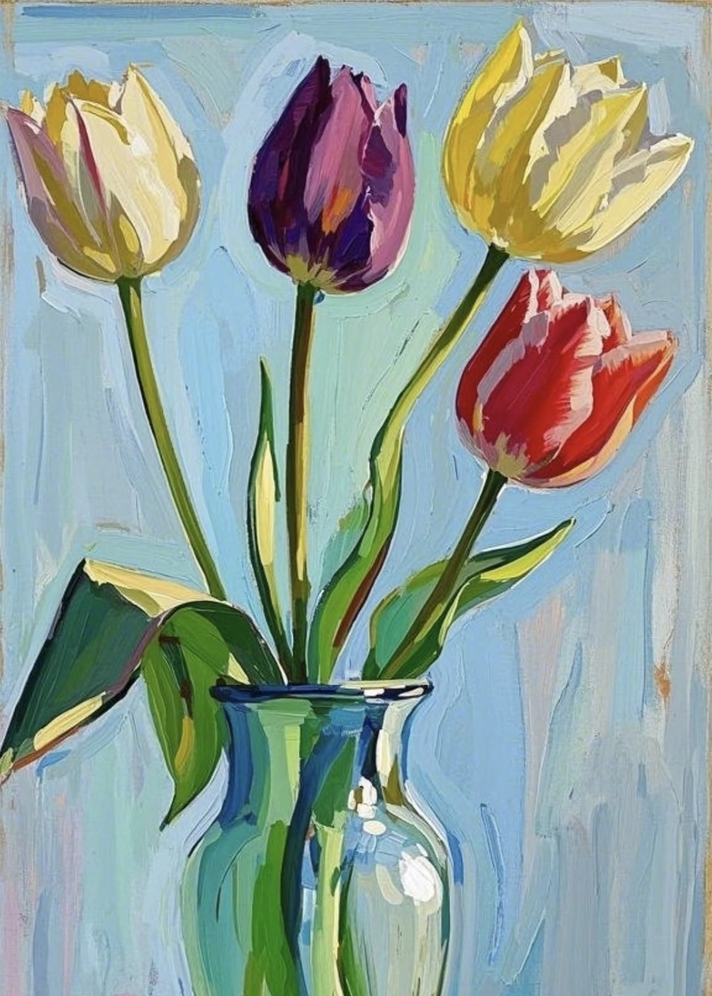 Ảnh vẽ tranh tĩnh vật hoa tulip mang vẻ đẹp nhẹ nhàng