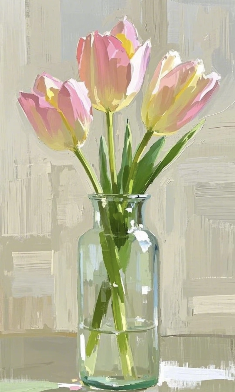 Ảnh vẽ tranh tĩnh vật hoa tulip với phong cách mềm mại