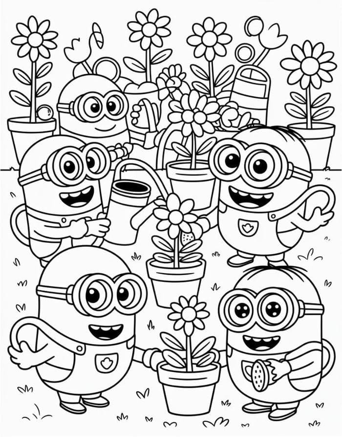 Bức ảnh tranh tô màu minion và khóm hoa.