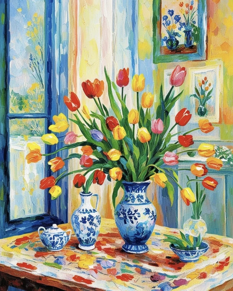 Bức ảnh vẽ tranh tĩnh vật hoa tulip cùng bố cục hài hòa