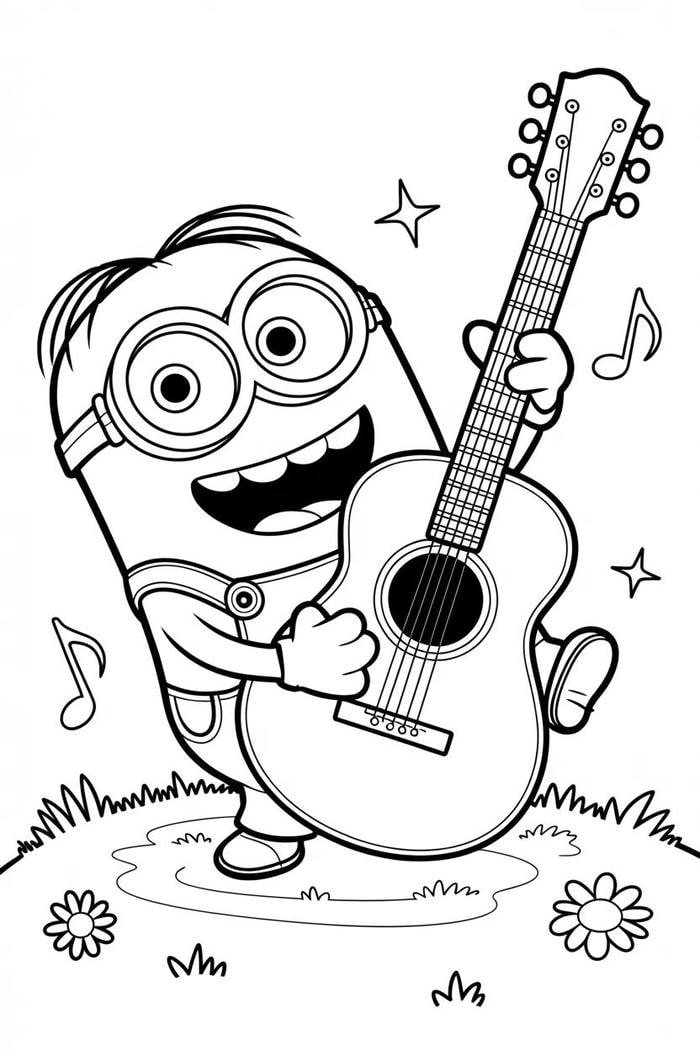 Bức hình tranh tô màu minion chơi đàn.