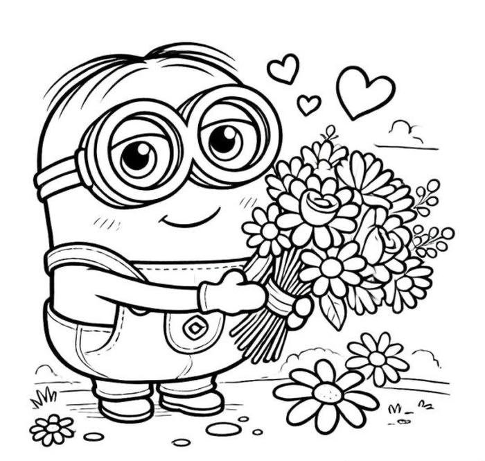 Bức hình tranh tô màu minion và bó hoa.