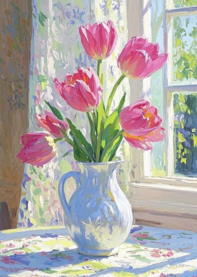 Bức hình vẽ tranh tĩnh vật hoa tulip gam màu hài hòa