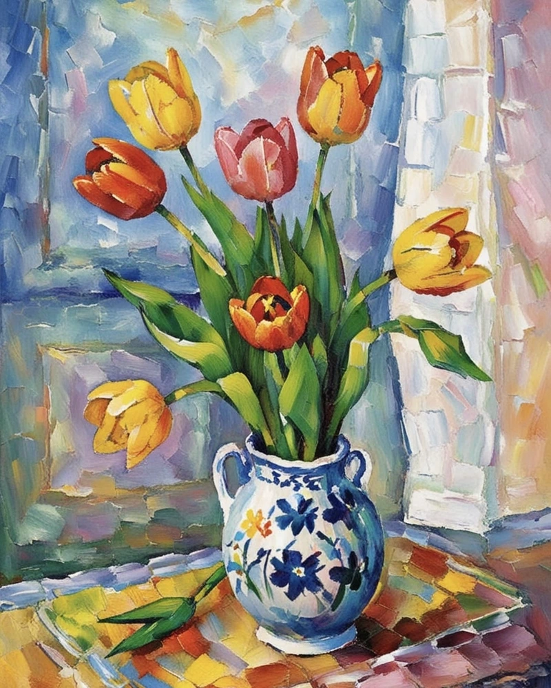 Bức hình vẽ tranh tĩnh vật hoa tulip vẻ đẹp tinh khôi