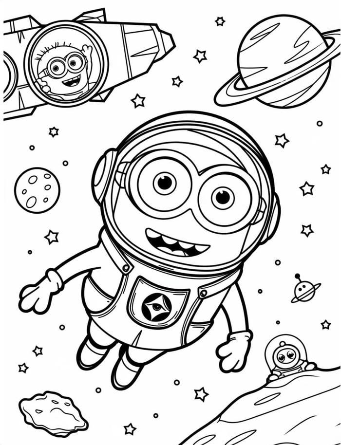 Bức tranh tô màu minion bay lên vũ trụ.