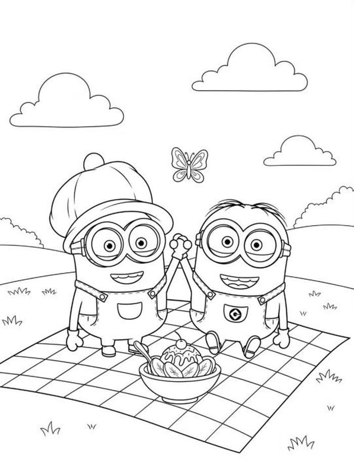 Bức tranh tô màu minion vui vẻ picnic