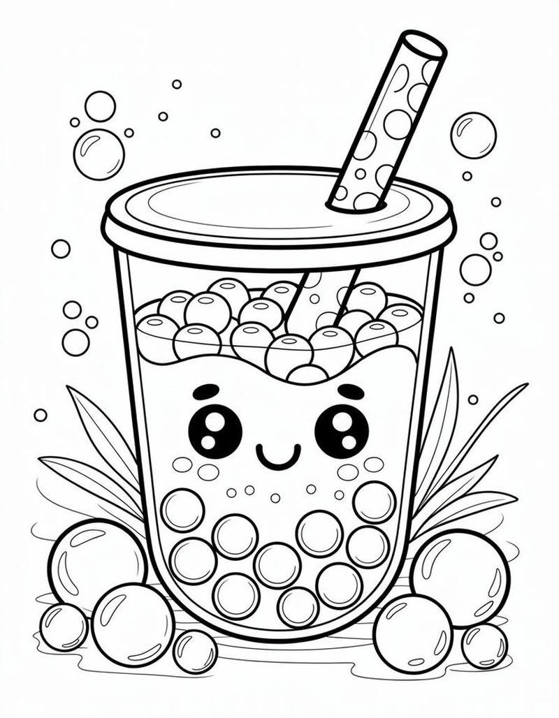 Hình ảnh cốc trà sữa phong cách chibi trắng đen dễ tô
