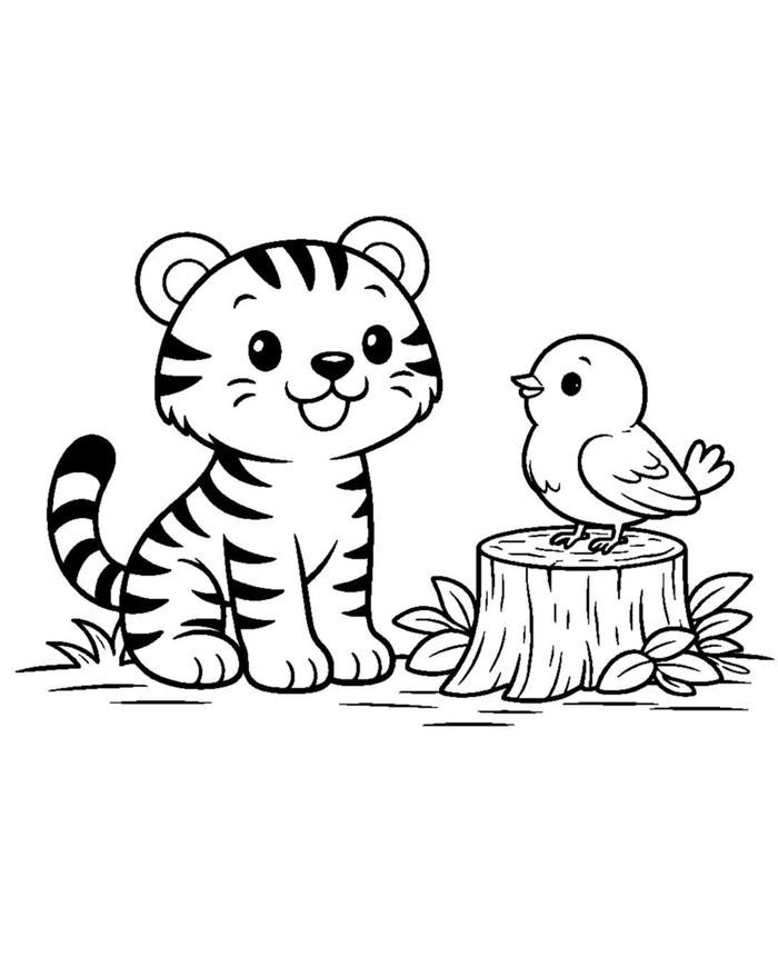 Hình ảnh tô màu con hổ hổ và chú chim.