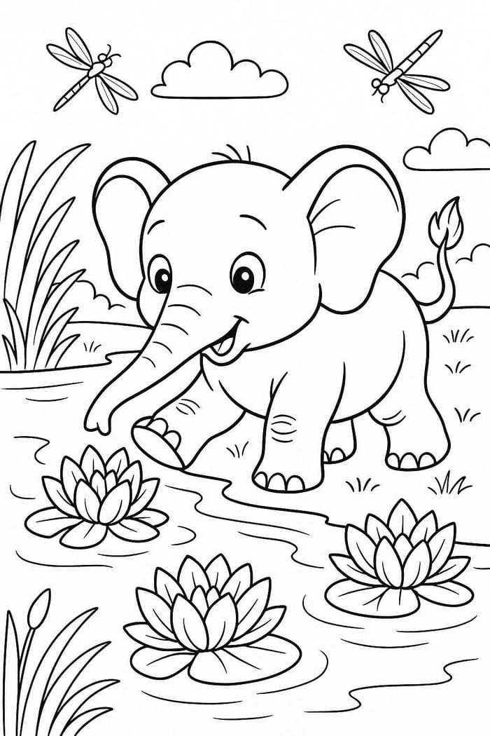 Hình ảnh tranh tô màu con voi dáng thân thiện