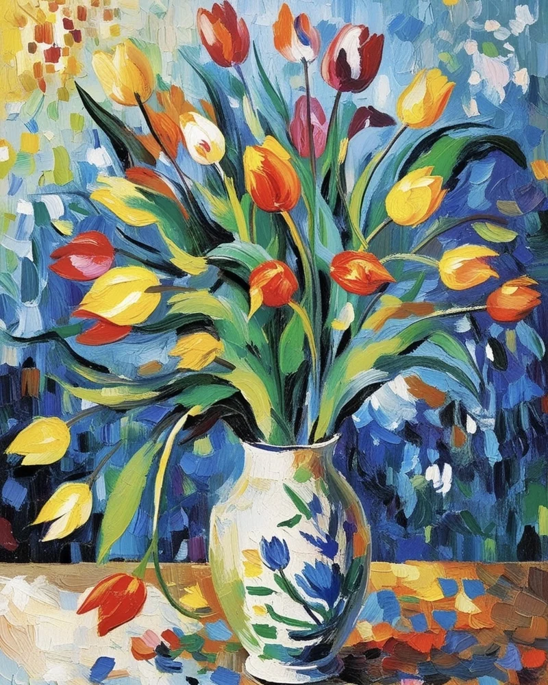 Hình ảnh vẽ tranh tĩnh vật hoa tulip với nét vẽ uyển chuyển