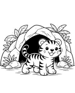 Hình tô màu con hổ trước cửa hang.