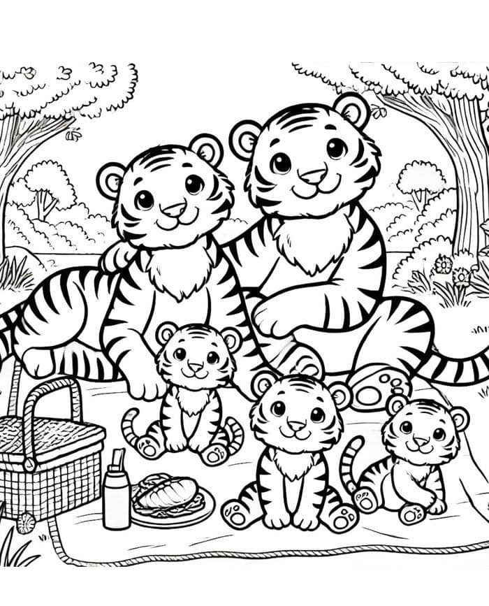 Hình tô màu con hổ và gia đình picnic.