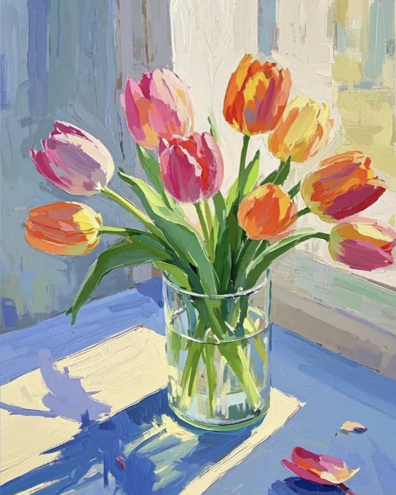 Hình tranh tĩnh vật hoa tulip thể hiện cảm giác yên bình