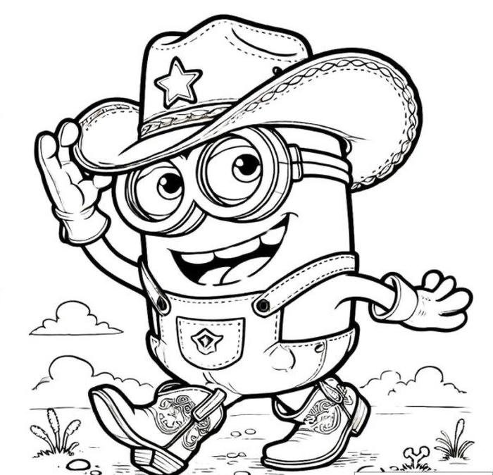 Hình tranh tô màu minion đội mũ cao bồi.