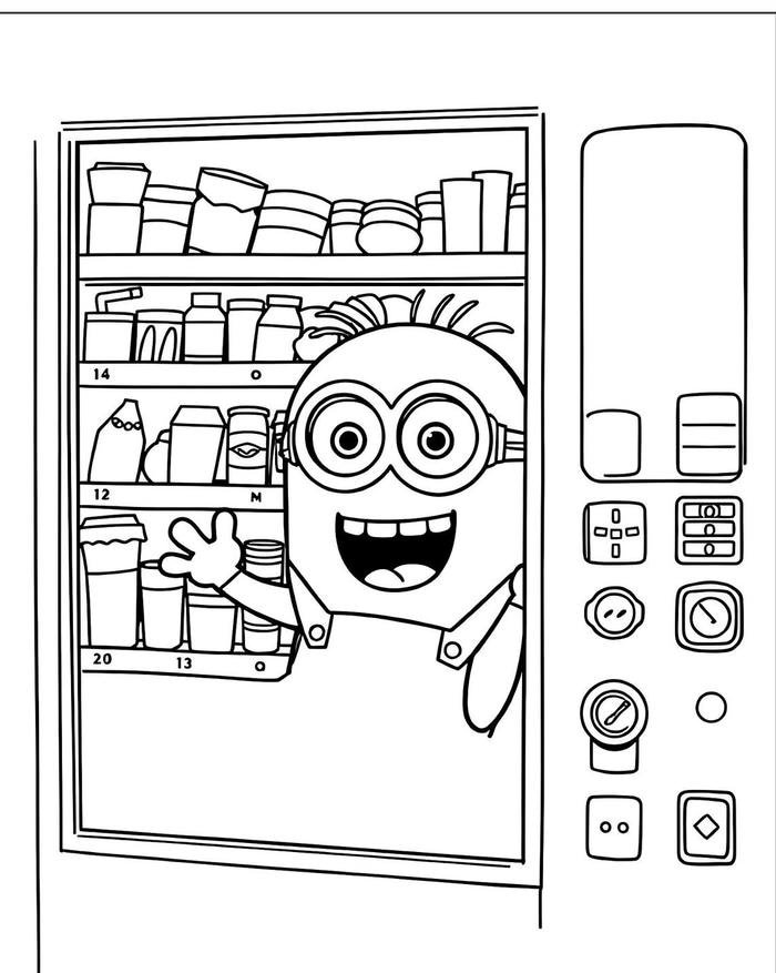 Hình tranh tô màu minion ở máy bán nước.
