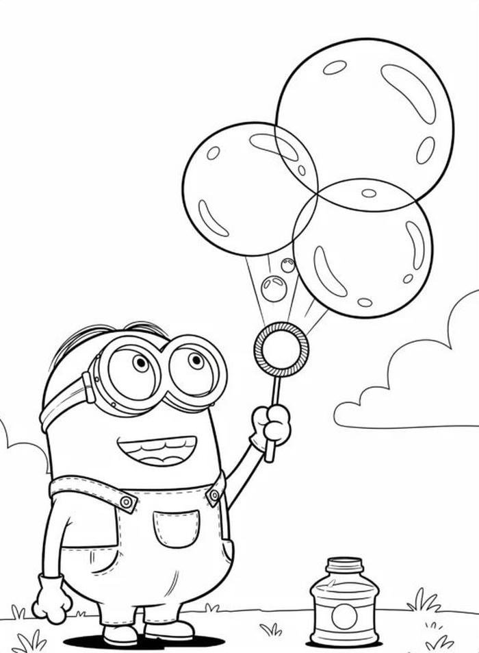 Hình tranh tô màu minion thổi bong bóng.