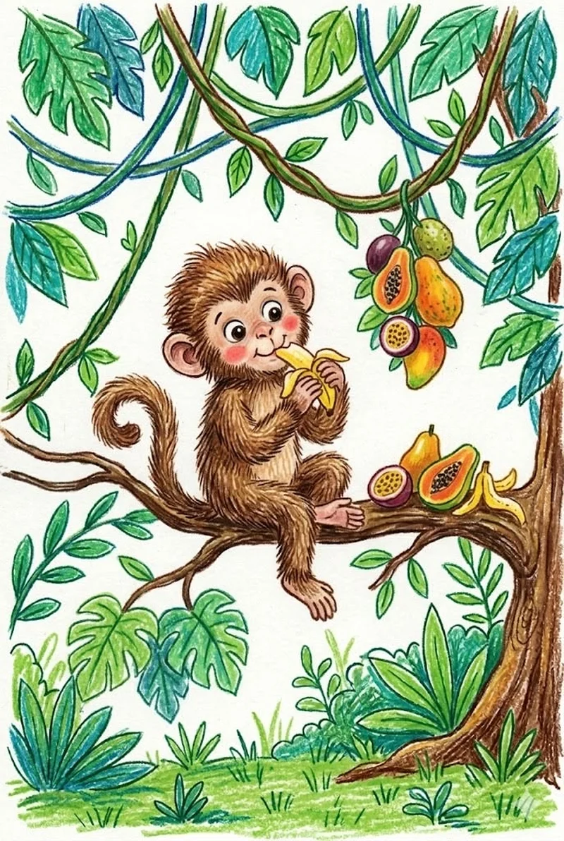 Hình vẽ chú khỉ tinh nghịch trong khu rừng