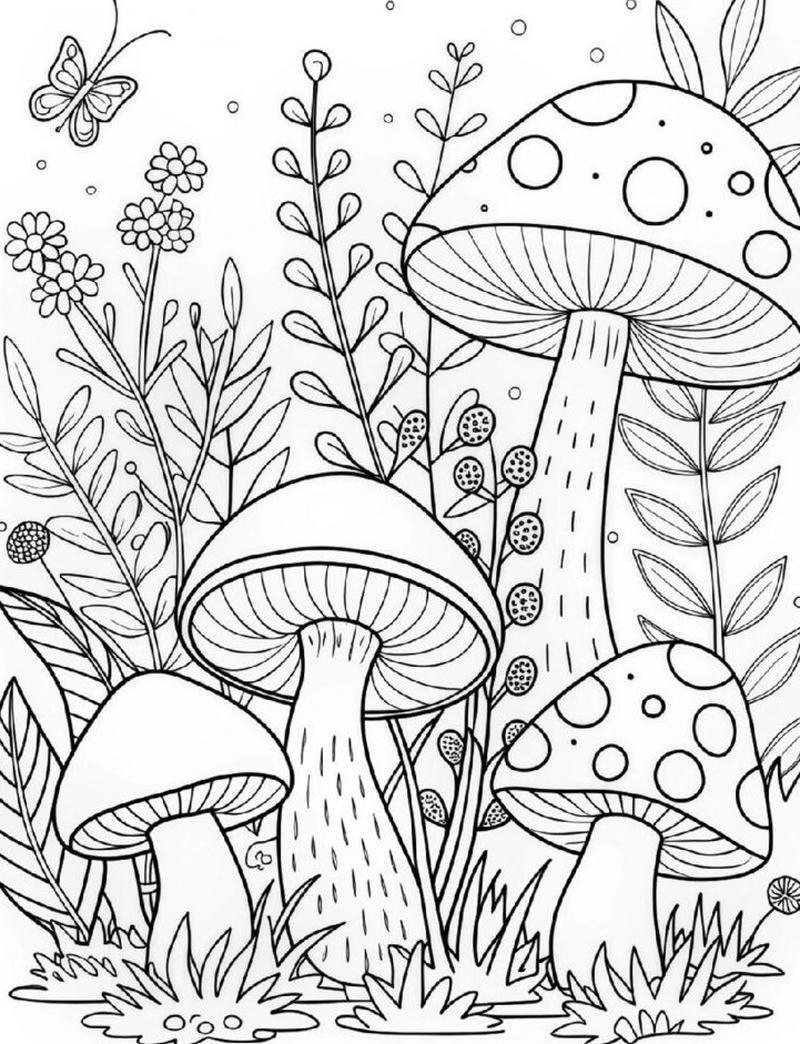 Tranh tô màu cây nấm nét đơn giản