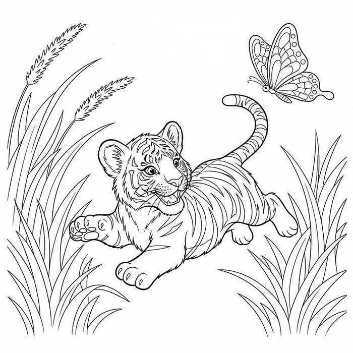 Tranh tô màu con hổ vờn bướm.