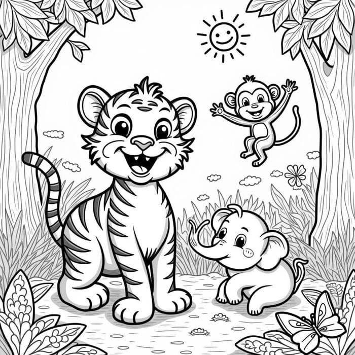 Tranh tô màu con hổ vui đùa cùng bạn.
