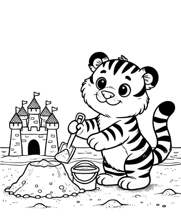 Tranh tô màu con hổ xây lâu đài cát.