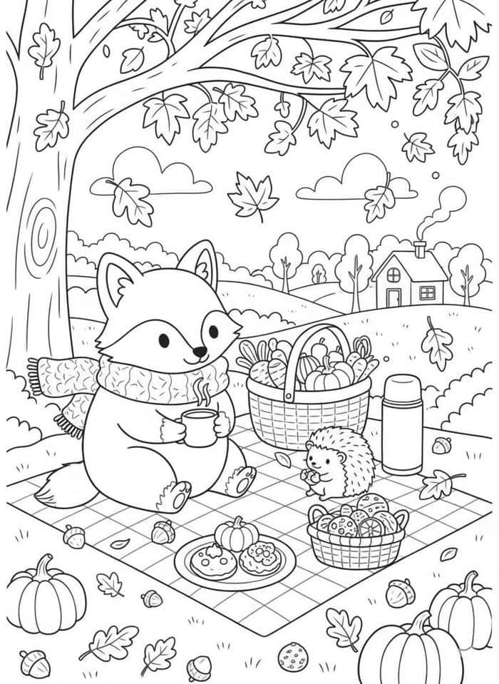 Tranh tô màu con vật sống trong rừng picnic.
