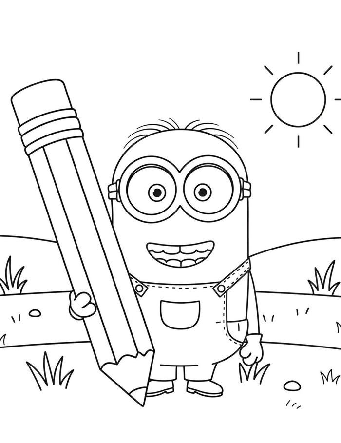Tranh tô màu minion cầm cây bút khổng lồ