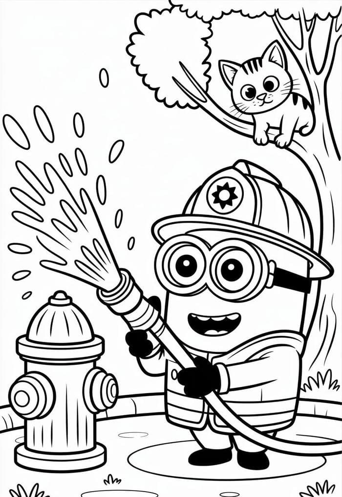 Tranh tô màu minion đứng phun nước.