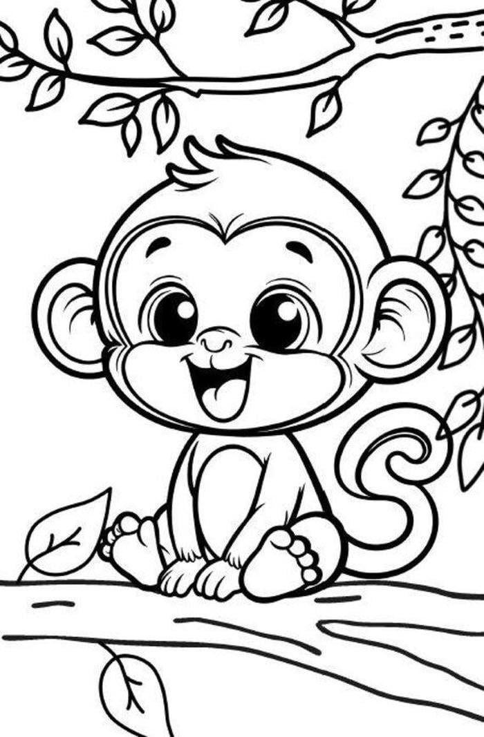 ảnh con khỉ chibi ngồi trên cây tranh tô màu
