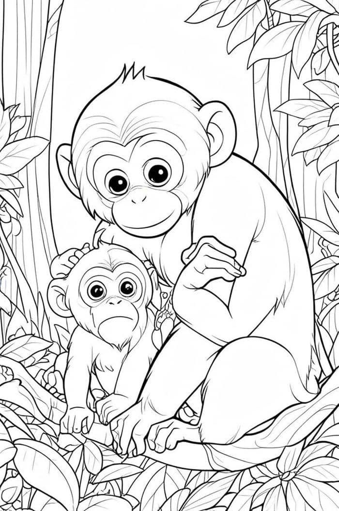 ảnh tranh tô màu con khỉ mẹ ôm khỉ con